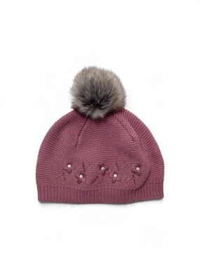 Marshalls Dusty Rose Knit Faux Fur Pom Pearl Flower Beanie Hat S (5/6) CA 4-6Y